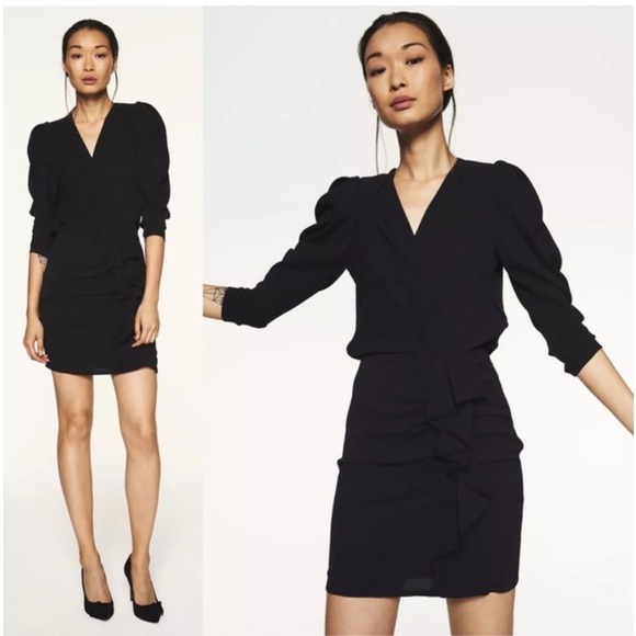 BA&SH XS Melinda Black Puff Sleeve Mini Dress Ruffle V Neck - Picture 1 of 9